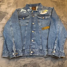 Von Dutch Denim Jacket Distressed Patch Logo Embroidered Blue Mens Extra Large