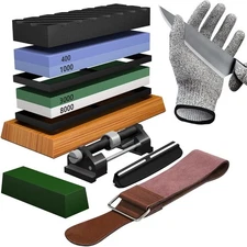 Whetstone Knife Sharpening Stone Set 400/1000/3000/8000 Grit Kit w/ Gloves Strop