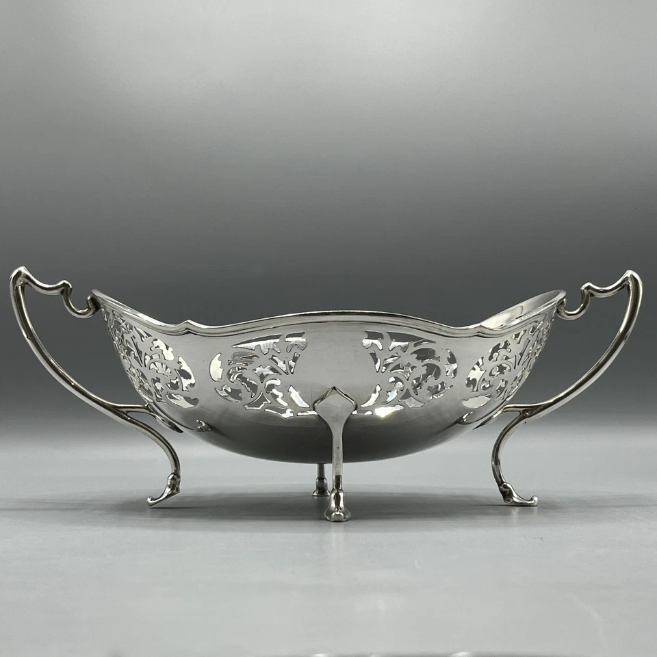 Antiguo Art Nouveau Plateado Pan Fruta Cesta Plato Tazón Pies Doble Asas Foto 3 de 4