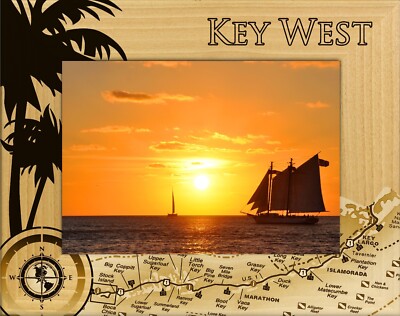 Key West Florida with Map Laser Engraved Wood Picture Frame Landscape (8 x 10) 