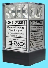 CHESSEX d6 16mm 12 Dice Set TRANSLUCENT CLEAR with WHITE PIPS die block CHX23601