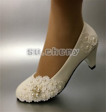 su.cheny White ivory lace pearls flowers bow flat Wedding Bridal shoes size 5-13
