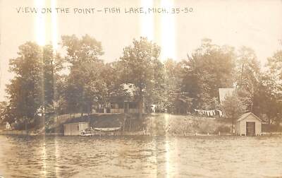 FISH LAKE Michigan RPPC postcard Barry County View on the Point dock boat house