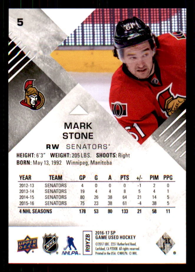2016-17 SP Game Used Orange Rainbow Draft Year #5 Mark Stone #/110 (ref 11254) - Image 2 of 2