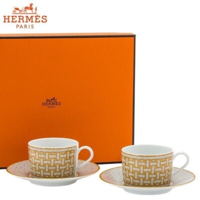HERMES MOSAIQUE AU 24 GOLD Pair Of Tea Cups & Saucers 26016P