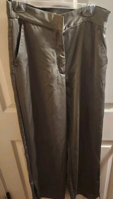 H&M Womens Sage Green Satin Feel Dress Pants With Bottom Leg Slits. Size 4