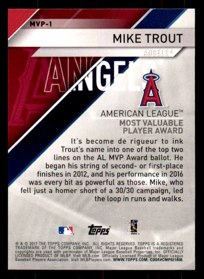 2017 Topps MLB Awards #MVP1 Mike Trout Angels (ref 32432) - Image 2 of 2