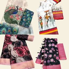 Women's Linen Cottan Saree with Running Blouse Piece