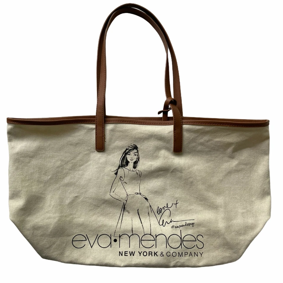 Bolso de Mano Eva Mendes Marfil Grande Lona Gráfico Shoulerbag NY and Co Borde Marrón Foto 3 de 4