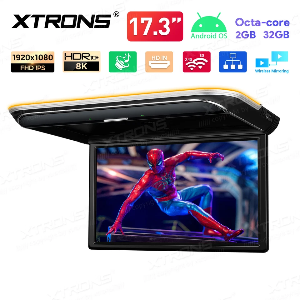 17.3" IPS HD Car TV Android Roof Flip Down Monitor WiFi USB HDM 1080P Video Play - Image 2 of 4
