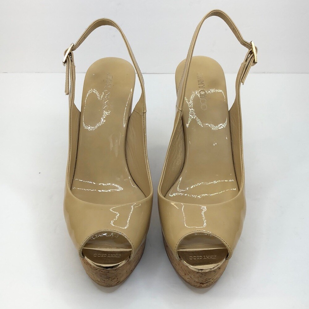 Women's Tan Jimmy Choo Praise Patent Slingback Wedge Sandal