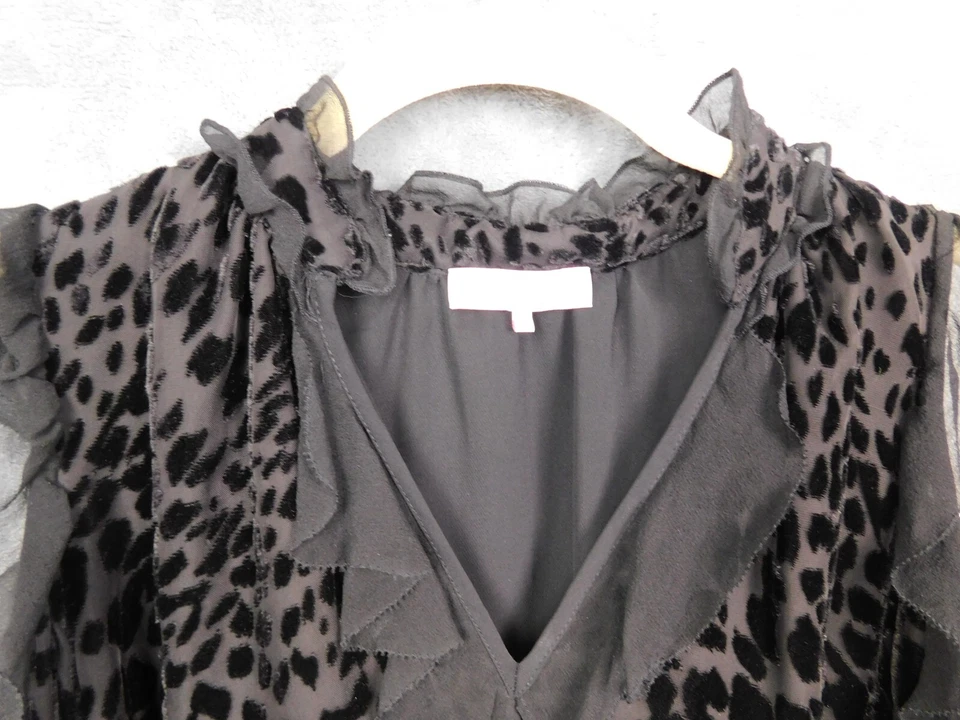 Camisa Parkers Mujer Pequeña Negra Hombro Frío Flocado Leopardo Estampado Animal Foto 4 de 4