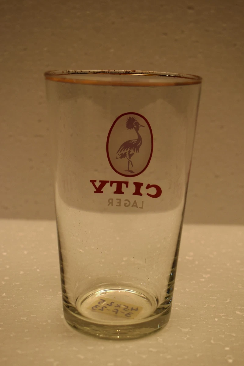 Vintage City Lager Brewery Beer Tumbler Crane Bird Logo Retro Pub Glass 1970s"R3