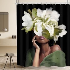 MESHELLY Vintage Black Girl Shower Curtain 60Wx72H Green Floral African Ameri...