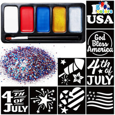 Patriotic Face Paint Kit 5 Colors Glitter  16 Stencils Red White Blue Kids Set.