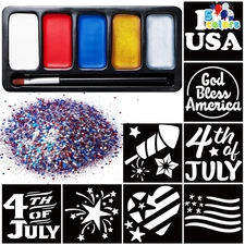 Patriotic Face Paint Kit 5 Colors Glitter + 16 Stencils Red White Blue Kids Set.