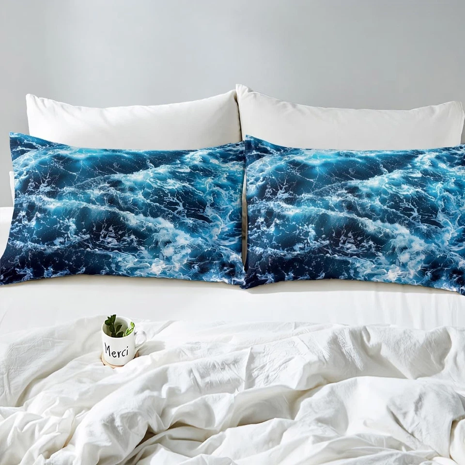 Juego de sábanas Blue Waves Ocean Sea sábanas ajustables tema de verano estampado juego de ropa de cama co... Foto 4 de 4
