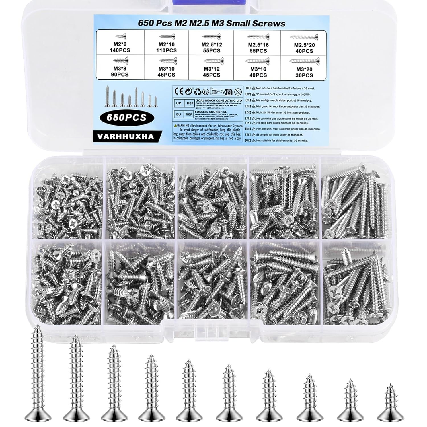 650 Pcs M2 M2.5 M3 Small Screws for Wood, Self Tapping Cross Flat Head Screw, A