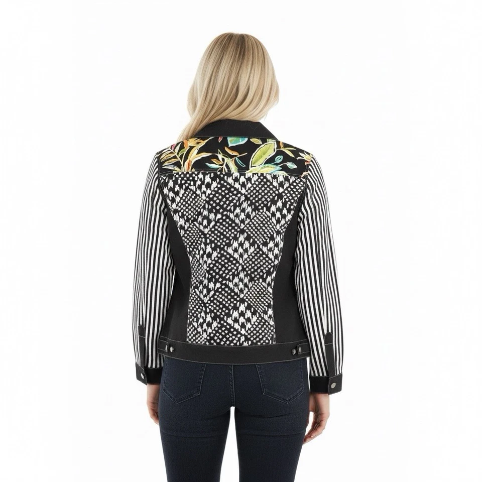 Koos Of course Women’s Black Silk Jacket Top Size M Floral Striped Casual Travel - Image 2 of 4