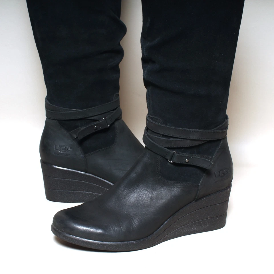女士 Ugg 靴子 Lesley 尺码 9 黑色皮革防水楔形鞋跟及膝高筒靴 — 第 2/4 张图片