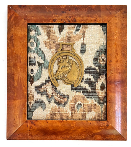 Antique Horse Brass Medallion Burled Wood Frame c 1880s