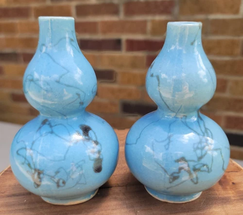 VTG Norleans Blue Double Gourd Mini Vases Set (2) Small Ceramic Taiwan 3.75" HTF