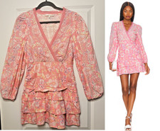 LoveShackFancy Women's Size 4 Kari Pink Floral Eyelet Mini Dress Long Sleeve