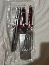 Kitchen Aid Grilling Set Red & Stainless Steel Fish Slice & Tongues NEW Utensils