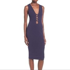 Missguided Sleeveless Navy Deep Lattice V-Neckline Midi Bodycon Dress Size 10