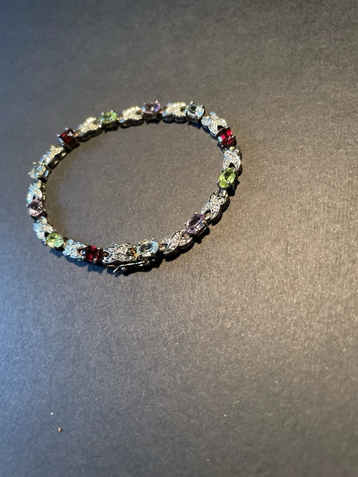 Sterling Silver 925 Gemstone Bracelet Garnet Blue Topaz Citrine Peridot Amethyst - Image 3 of 4