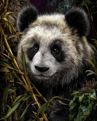 8x10 Giant Panda face close-up - bamboo leaves, black eye patches - 311809491