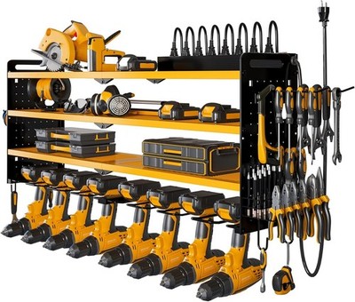 Wall Mount Power Tool Organizer w/ Charging Station 8 Drill Rack Yellow