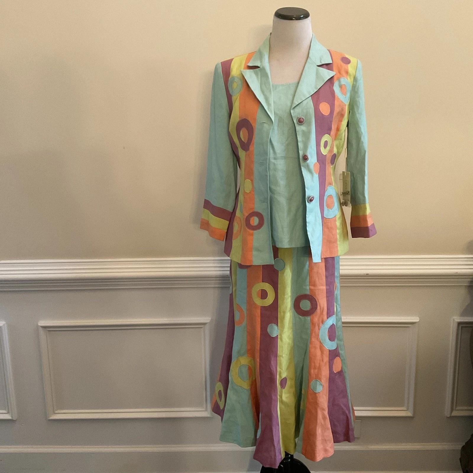 JSong Collection Vintage Linen Multicolor Circle Pattern Skirt Set Size 6