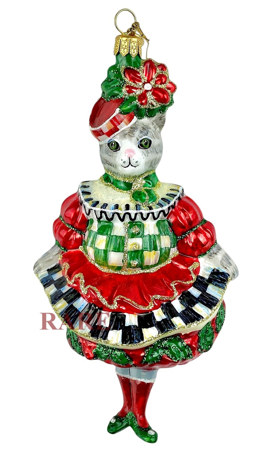 MacKenzie-Childs Courtly Check It Out Miss Kitty Christmas Glass Ornament New