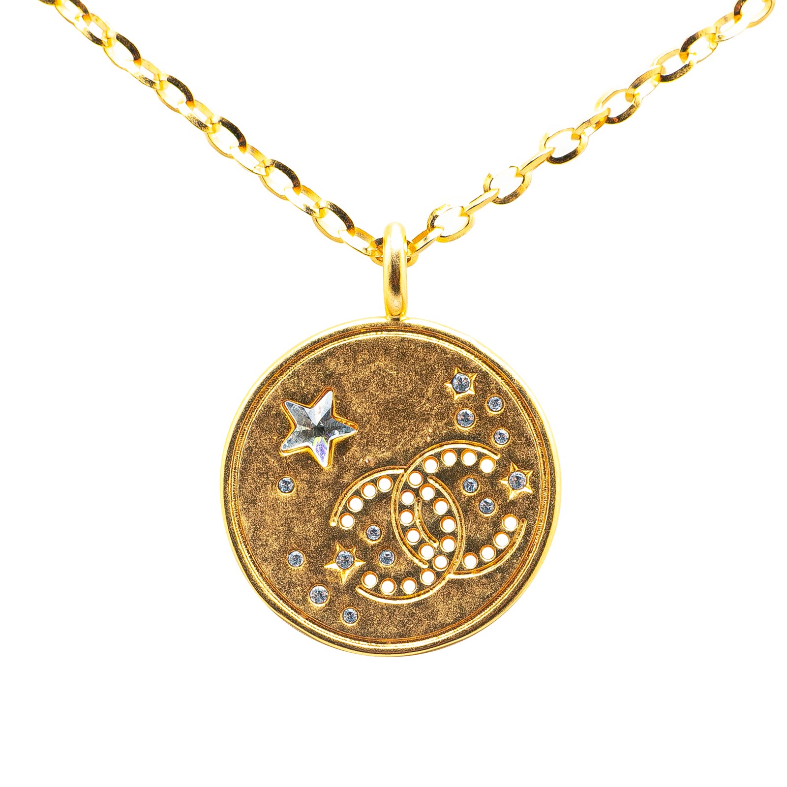 Chanel Gold Plated CC Star Rhinestone Pendant Necklace Elegant Fashion Jewelry