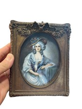Antique 19th Century Miniature Portrait in Fancy Gilded Gesso on Wood Frame