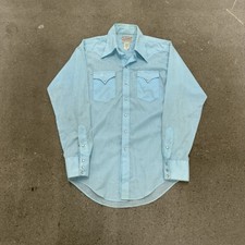 Vintage Rockmount Ranch Wear Shirt Mens   Light Blue Western Pearl Snap 15 1/2