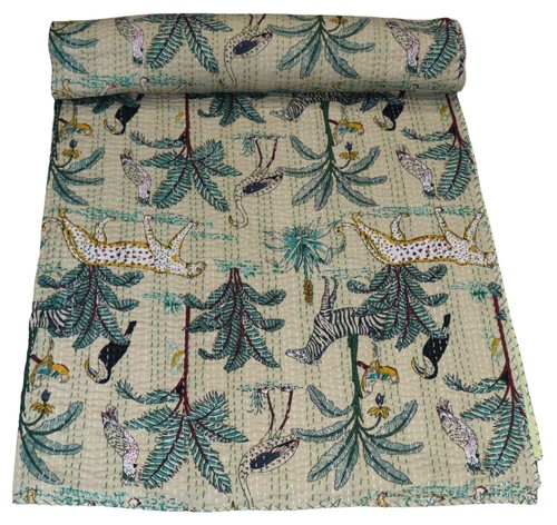Indian Handwoven Animal Print Cotton Kantha Quilt ,Traditional Blanket,Bedsheet - Picture 61 of 72