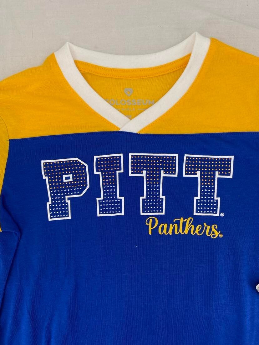 NEW Pitt Panthers Colosseum Blue Striped Short Sleeve V Neck Shirt Youth M 7-8