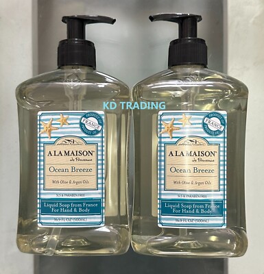 2-Pk A LA MAISON Olive Argan OCEAN BREEZE Hand & Body Liquid Soap MADE IN FRANCE