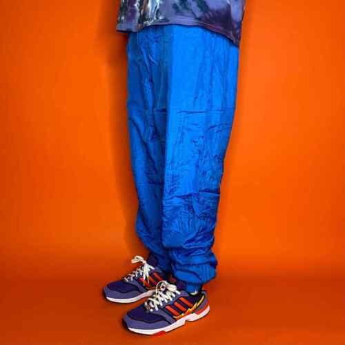 Vintage Nylon Joggers Sweatpants Mens L Blue Baggy Fit with Ankle Zippers  1990s