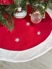 White Snowflakes Christmas Tree Skirt - Large 48" Diameter, Red Felt, Faux Fur