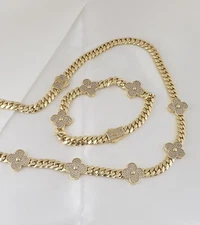 14K Gold Plated Cz Clover Flower Cuban Choker Chain Necklace And Bracelet Set 