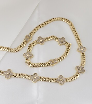 14K Gold Plated Cz Clover Flower Cuban Choker Chain Necklace And Bracelet Set 