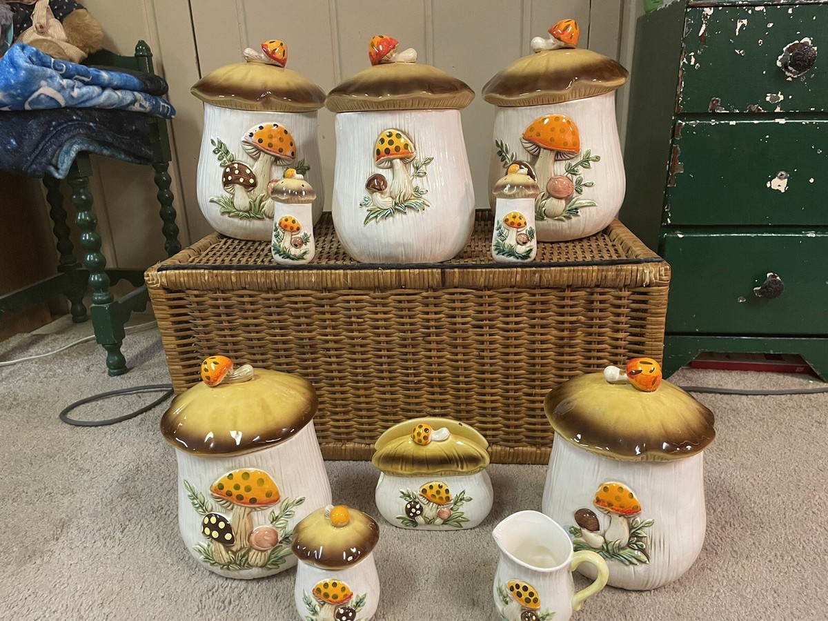 10 Piece Merry Mushroom Ceramic Canister Set Vintage 1978 Sears