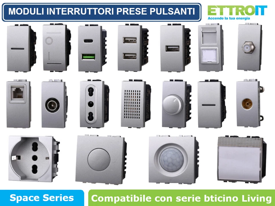 ETTROIT MODULI PRESE INTERRUTTORI PULSANTI USB COMPATIBILE SERIE BTICINO LIVING - SILVER