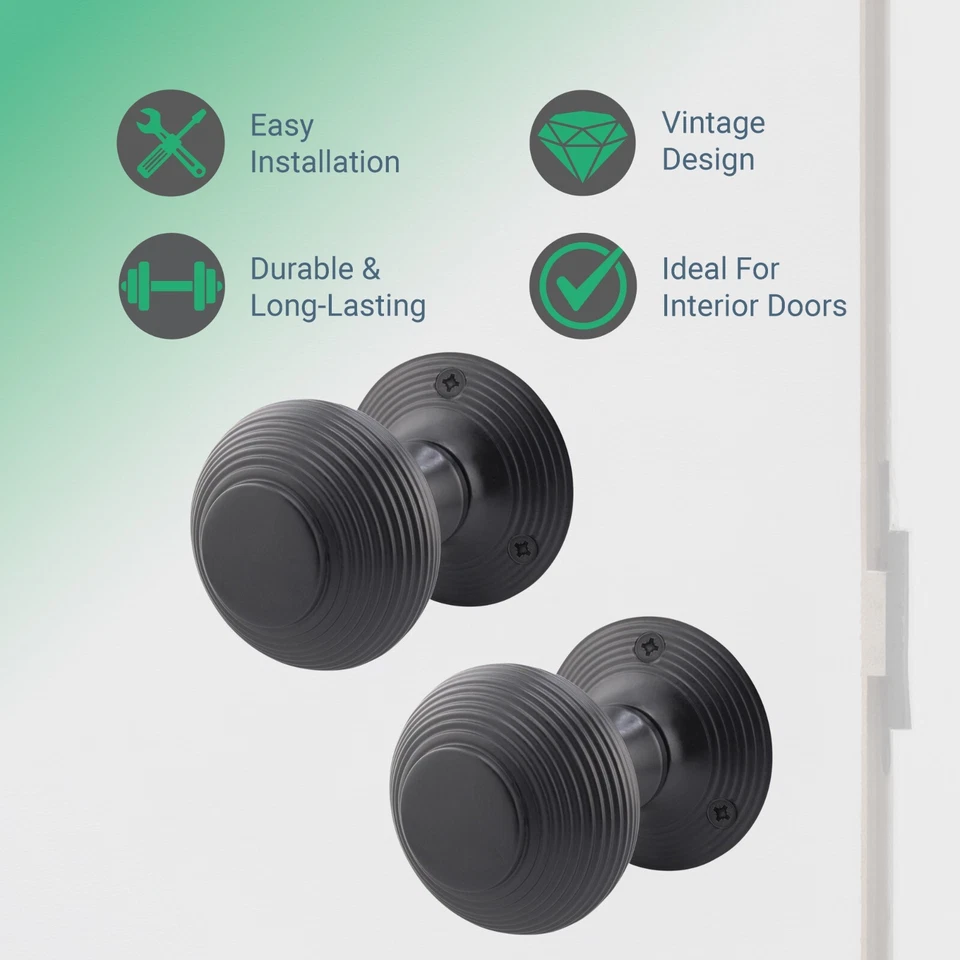 Beehive Reeded Matt Black Mortice Door Knobs (55mm) For Internal Doors Multipack - Image 2 of 4