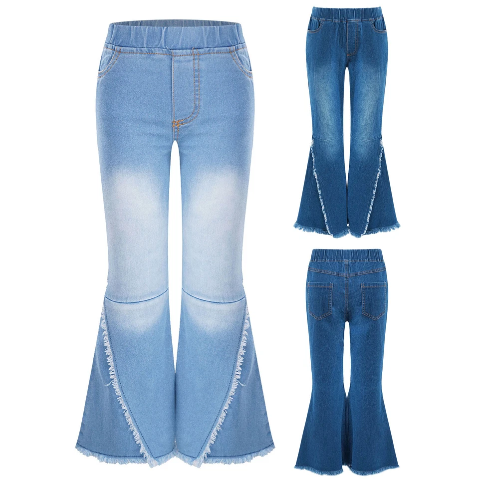 Mädchen Elastischer Bund Jeanshosen Schlaghose Zerrissene Denim Hose Gr. 104-164 - Bild 2 von 4