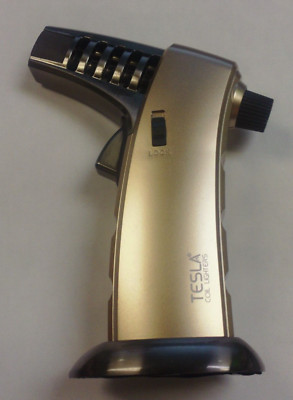 TESLA TURBO TABLE SINGLE JET FLAME ADJUSTABLE BUTANE CIGARETTE CIGAR SATIN GOLD