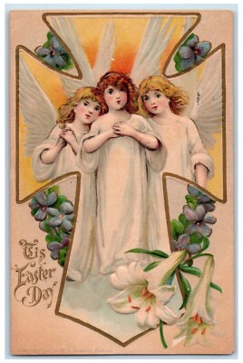 1908 Easter Day Angels Holy Cross Lilies Flowers Embossed Taftville CT Postcard